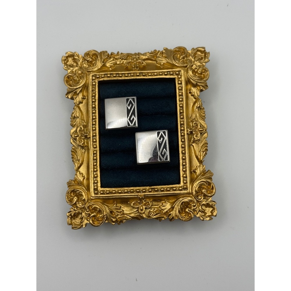 Swank Cufflinks OS Vintage Silver Tone Geometric Greek Key Art Deco Square MCM